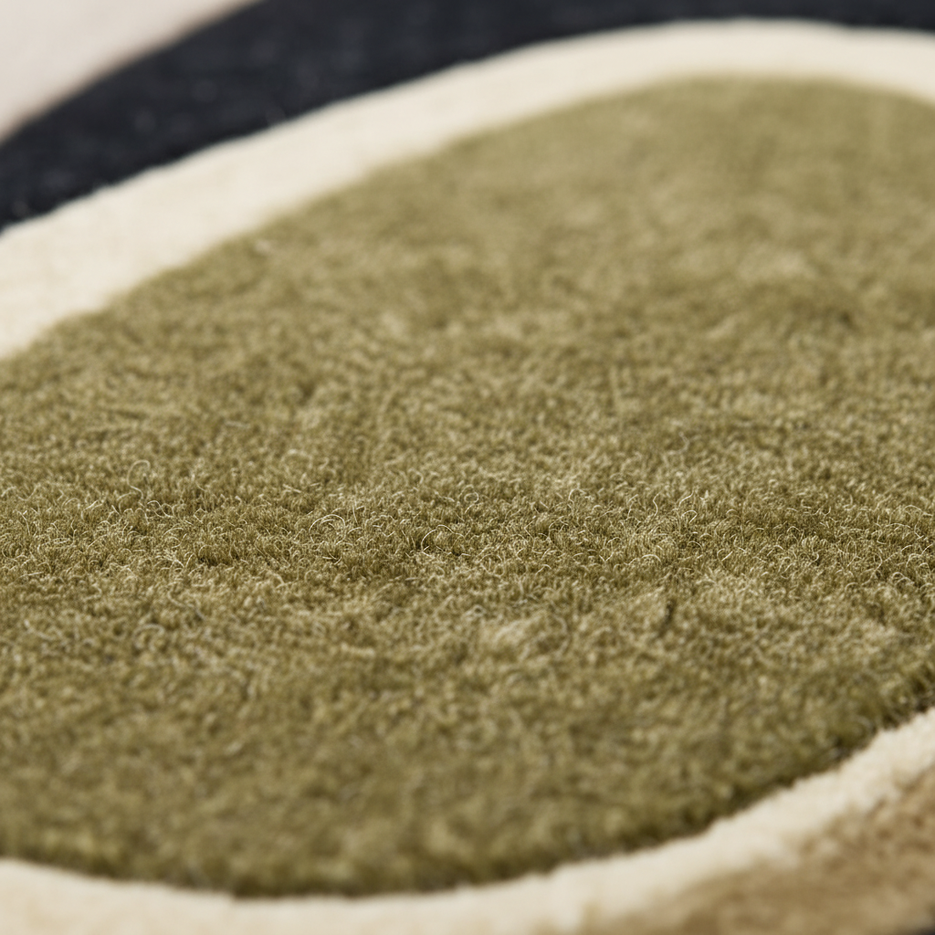 Serenity Shapes Hand Tufted Rug close-up of olive green oval shape with cream border and black outer band, wool texture detail
