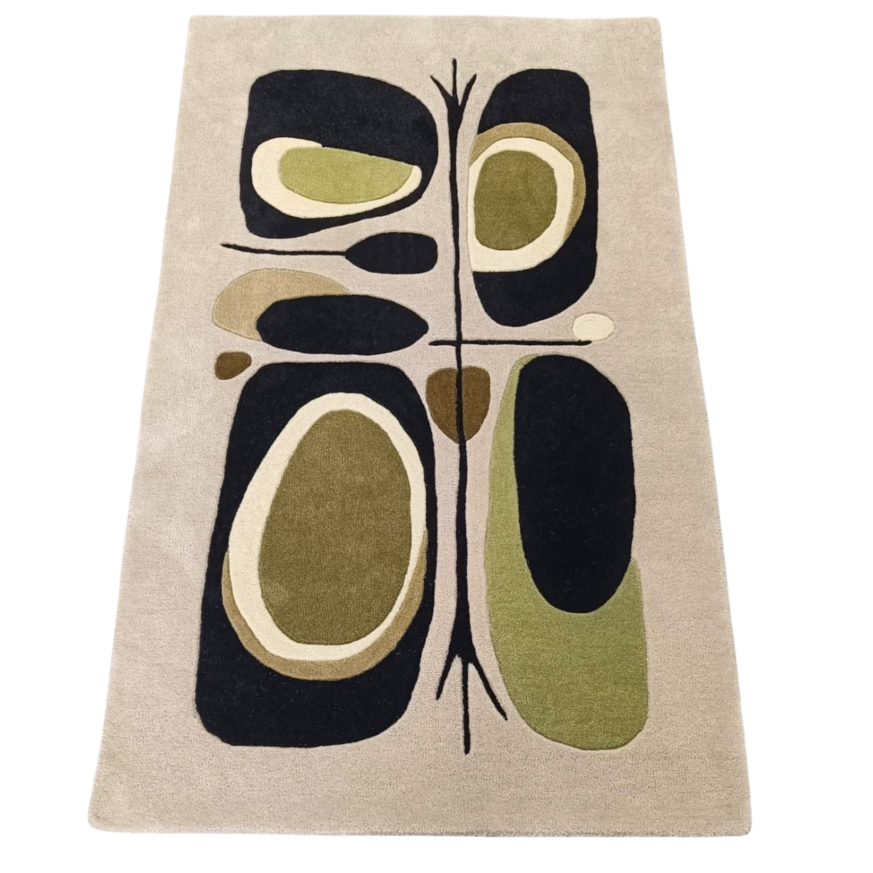 Rug with abstract design featuring black, green, and beige colors on a beige background