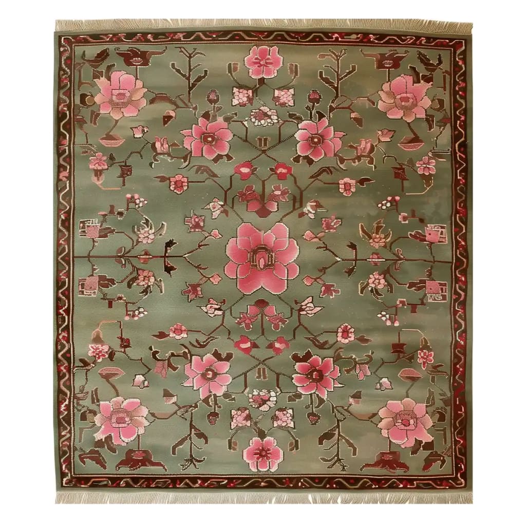 The Serenity Valley Knotted Wool Rug showcases an intricate floral design, perfect for adding elegance to any living room. This area rug features a harmonious blend of pink and green hues with detailed floral patterns, creating a stunning focal point.