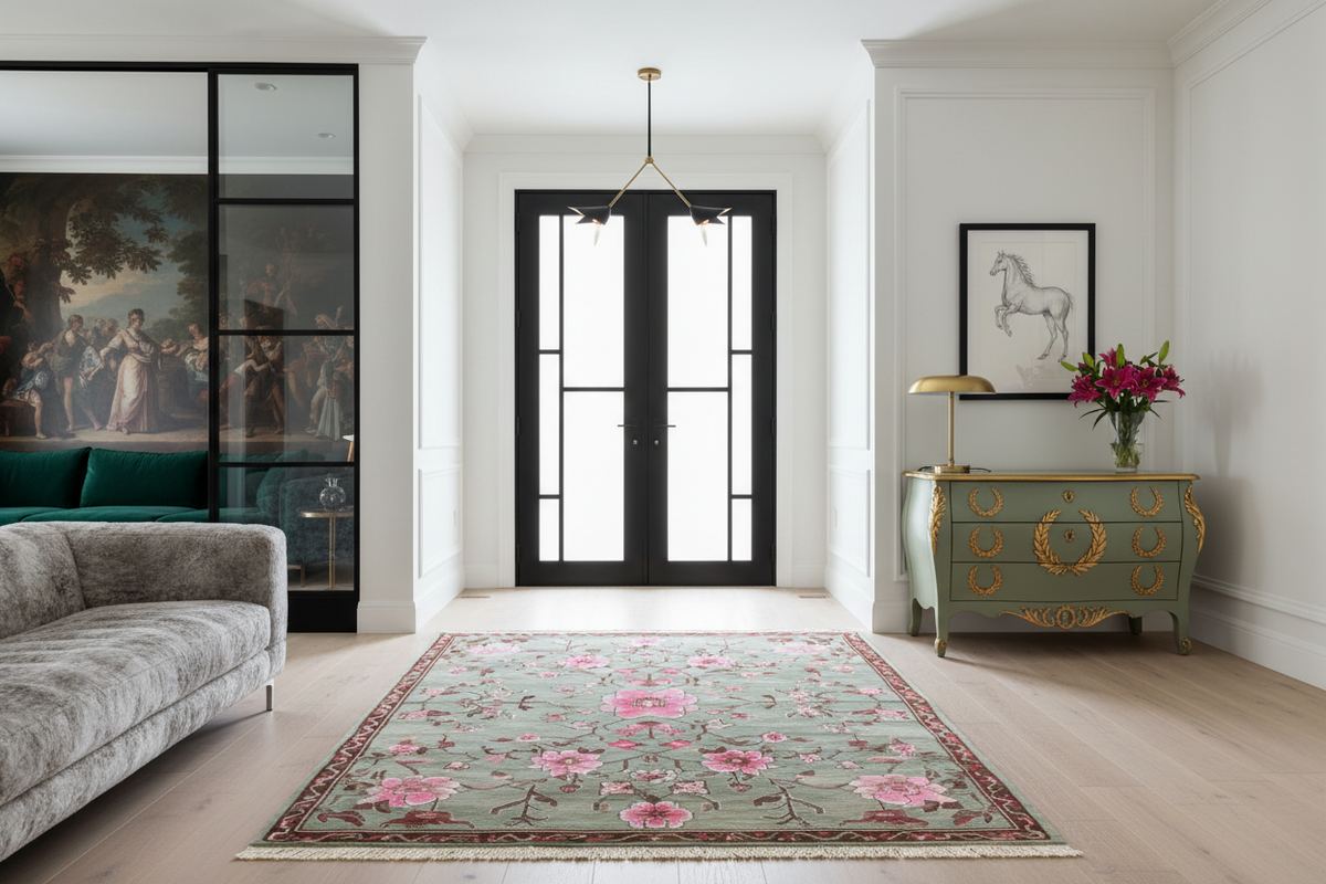 Living room with a floral rug, gray sofa, and decorative rug.