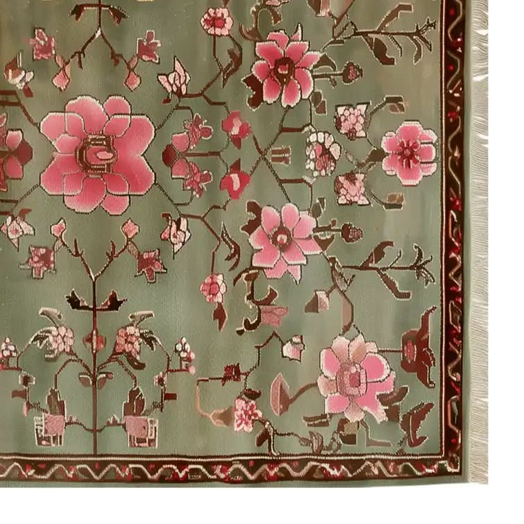 A beautifully detailed area rug featuring a floral design with pink and red flowers set against a soft green background. This stunning floral rug is perfect for adding a touch of elegance to any living room decor.