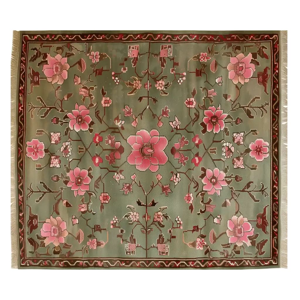 Explore the Serenity Valley Knotted Wool Rug, a stunning area rug perfect for enhancing your living room. This floral rug features intricate pink and red blossoms on a rich green background, bringing elegance and warmth to any space.