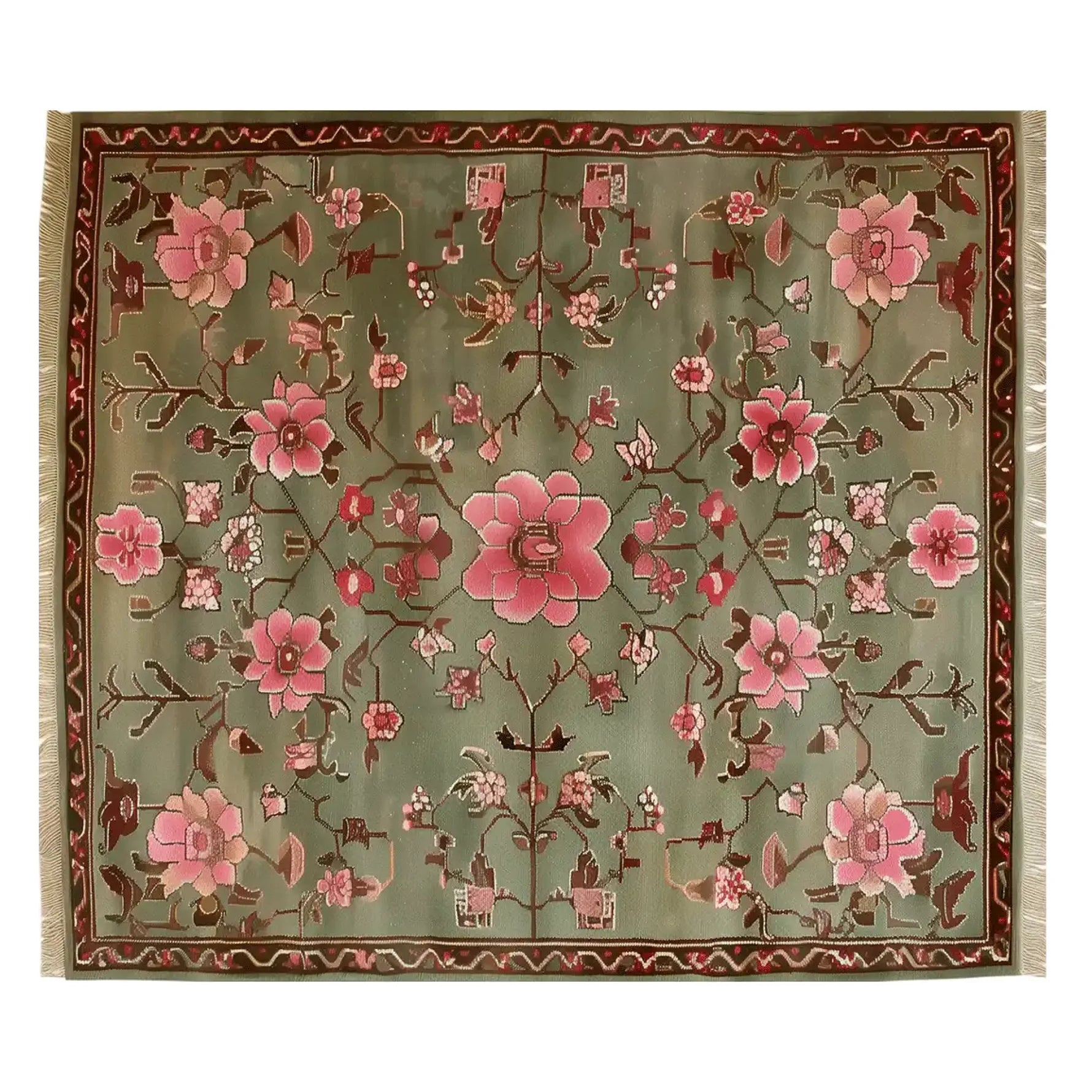 Explore the Serenity Valley Knotted Wool Rug, a stunning area rug perfect for enhancing your living room. This floral rug features intricate pink and red blossoms on a rich green background, bringing elegance and warmth to any space.