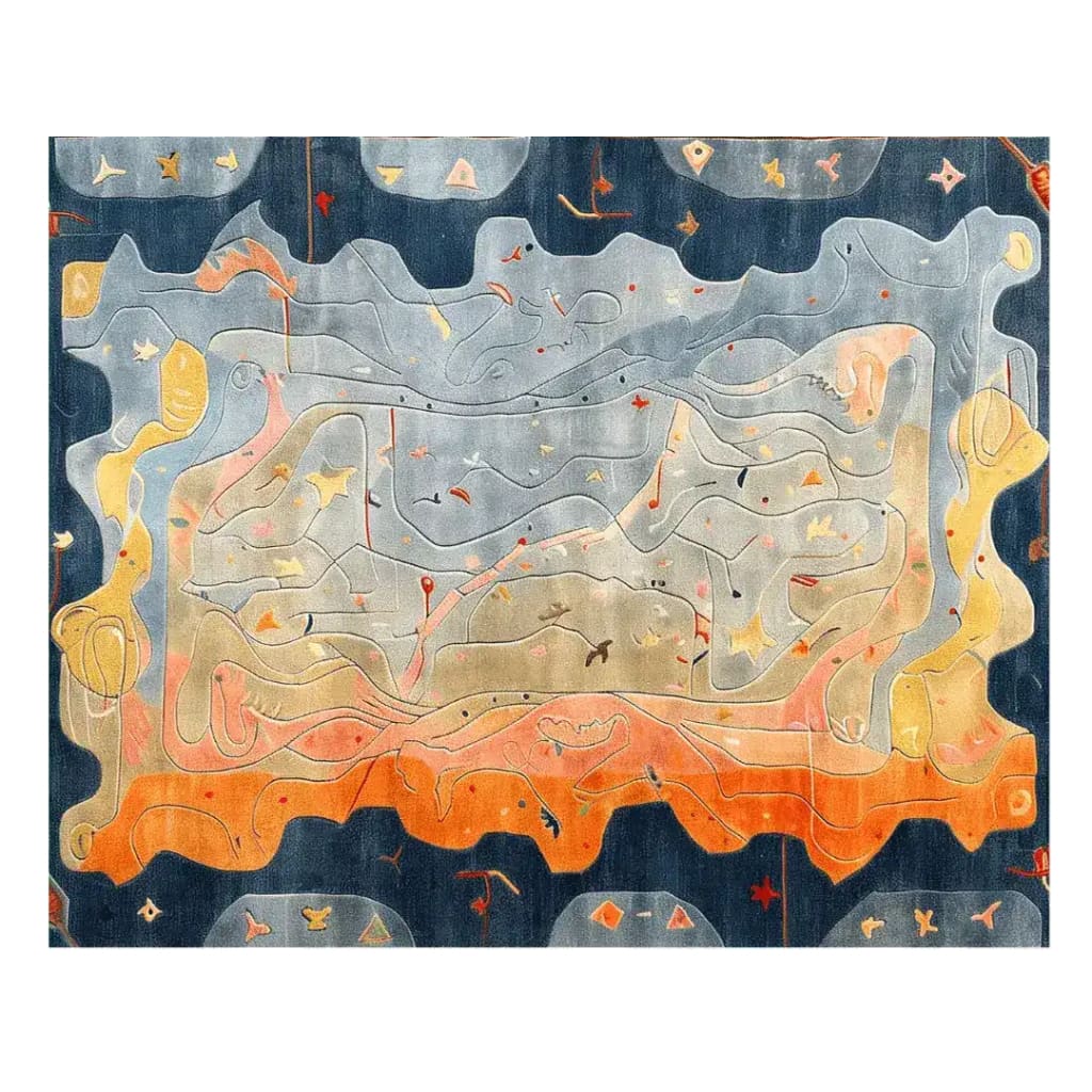 An artistic area rug featuring abstract patterns with vibrant blue, orange, and beige hues. This contemporary rug is perfect as a dining table rug, adding a stylish touch to any dining room. Made from high-quality wool, this large area rug serves as an eye-catching dining room carpet, enhancing the modern aesthetic.