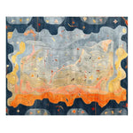 An artistic area rug featuring abstract patterns with vibrant blue, orange, and beige hues. This contemporary rug is perfect as a dining table rug, adding a stylish touch to any dining room. Made from high-quality wool, this large area rug serves as an eye-catching dining room carpet, enhancing the modern aesthetic.
