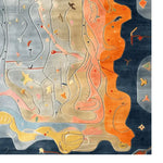 A beautifully designed Serenity Waves Hand Tufted Area Rug, showcasing an abstract pattern with vibrant colors including orange, beige, and blue, perfect for enhancing any dining room. This contemporary wool rug adds a touch of elegance as a dining table rug, making it an ideal choice for those seeking large area rugs and stylish dining room carpets.