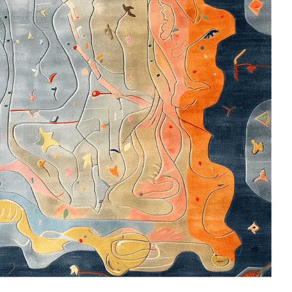 A beautifully designed Serenity Waves Hand Tufted Area Rug, showcasing an abstract pattern with vibrant colors including orange, beige, and blue, perfect for enhancing any dining room. This contemporary wool rug adds a touch of elegance as a dining table rug, making it an ideal choice for those seeking large area rugs and stylish dining room carpets.