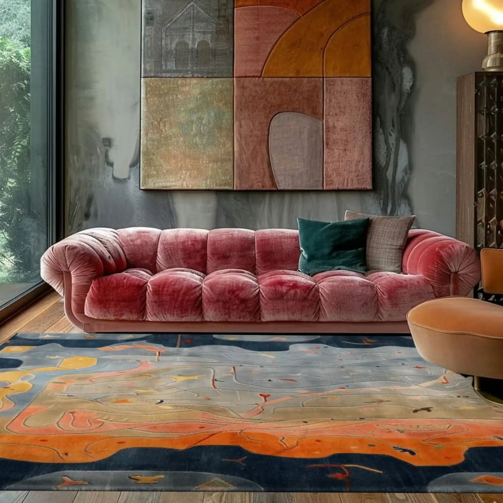 A contemporary area rug with bold abstract patterns in orange and blue hues, placed in a stylish dining room setting. The wool rug complements the plush pink sofa and modern art on the wall, adding warmth and sophistication to the dining room. Perfect as a dining table rug or for any space needing a large area rug.