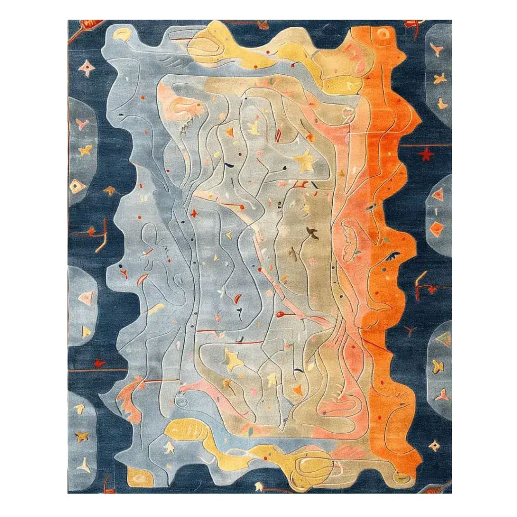The Serenity Waves Hand Tufted Rug showcases a vibrant blend of colors in an abstract design, perfect for a contemporary dining room. This wool area rug features a mix of blues, oranges, and yellows, ideal as a dining table rug or large area rug, enhancing any dining room setting.