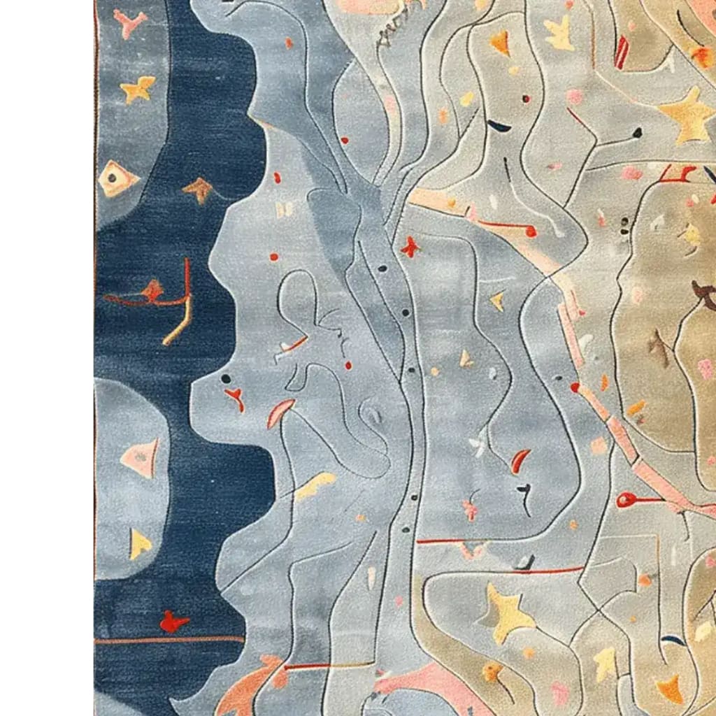 A stunning Serenity Waves Hand Tufted Rug featuring an abstract design with flowing lines and a mix of blue, beige, and orange tones. Perfect as a contemporary rug for your dining room, this large wool area rug adds a touch of elegance to any dining table setting.