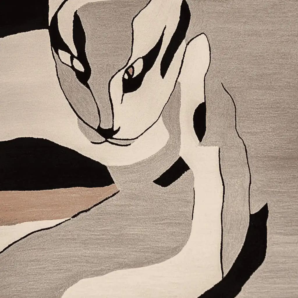 This contemporary Shadow Cat Mirage Hand Tufted Rug features an abstract design of a cat in shades of gray, black, and beige. Perfect for adding a modern touch to living room area rugs, this wool rug is a stylish choice for any space.