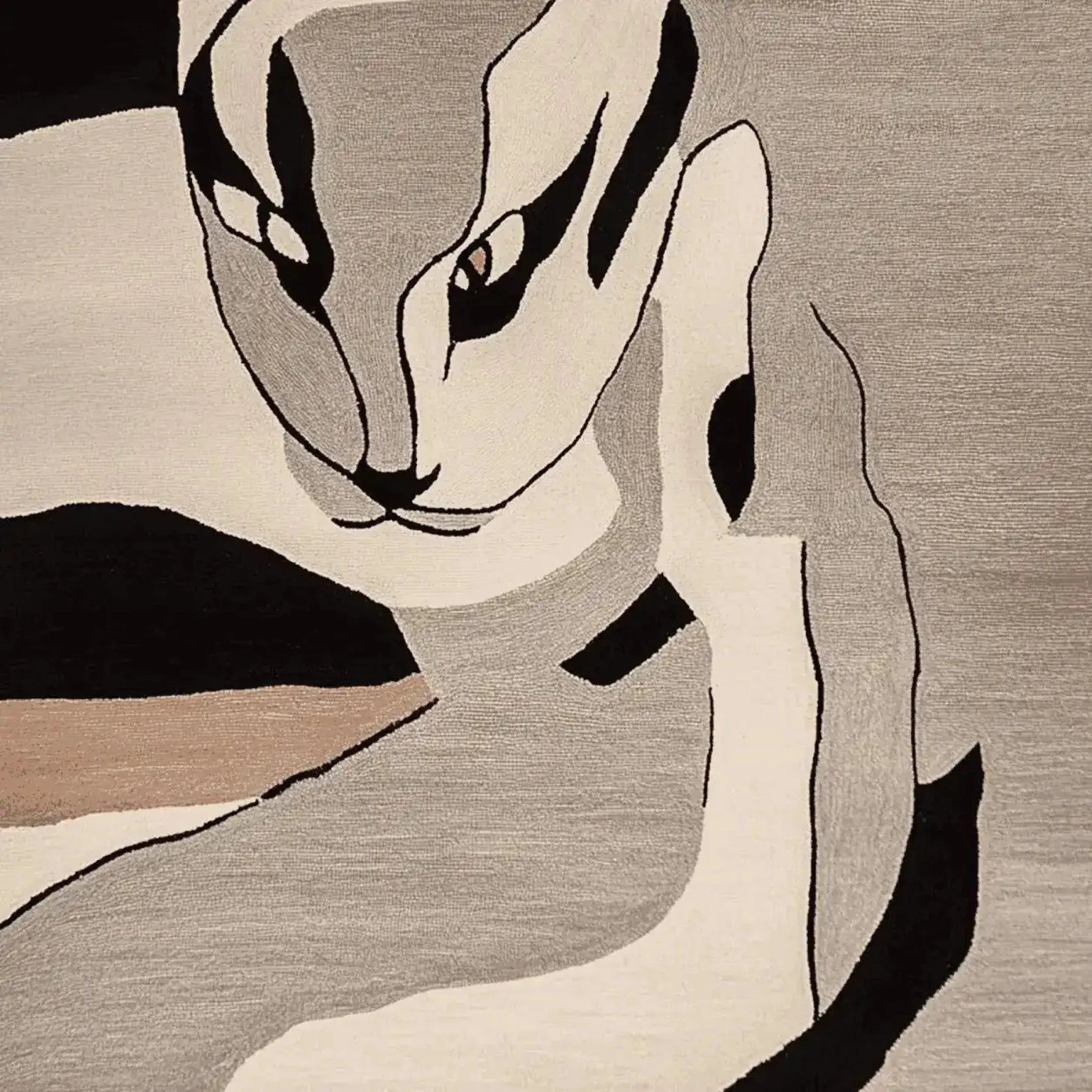 This contemporary Shadow Cat Mirage Hand Tufted Rug features an abstract design of a cat in shades of gray, black, and beige. Perfect for adding a modern touch to living room area rugs, this wool rug is a stylish choice for any space.