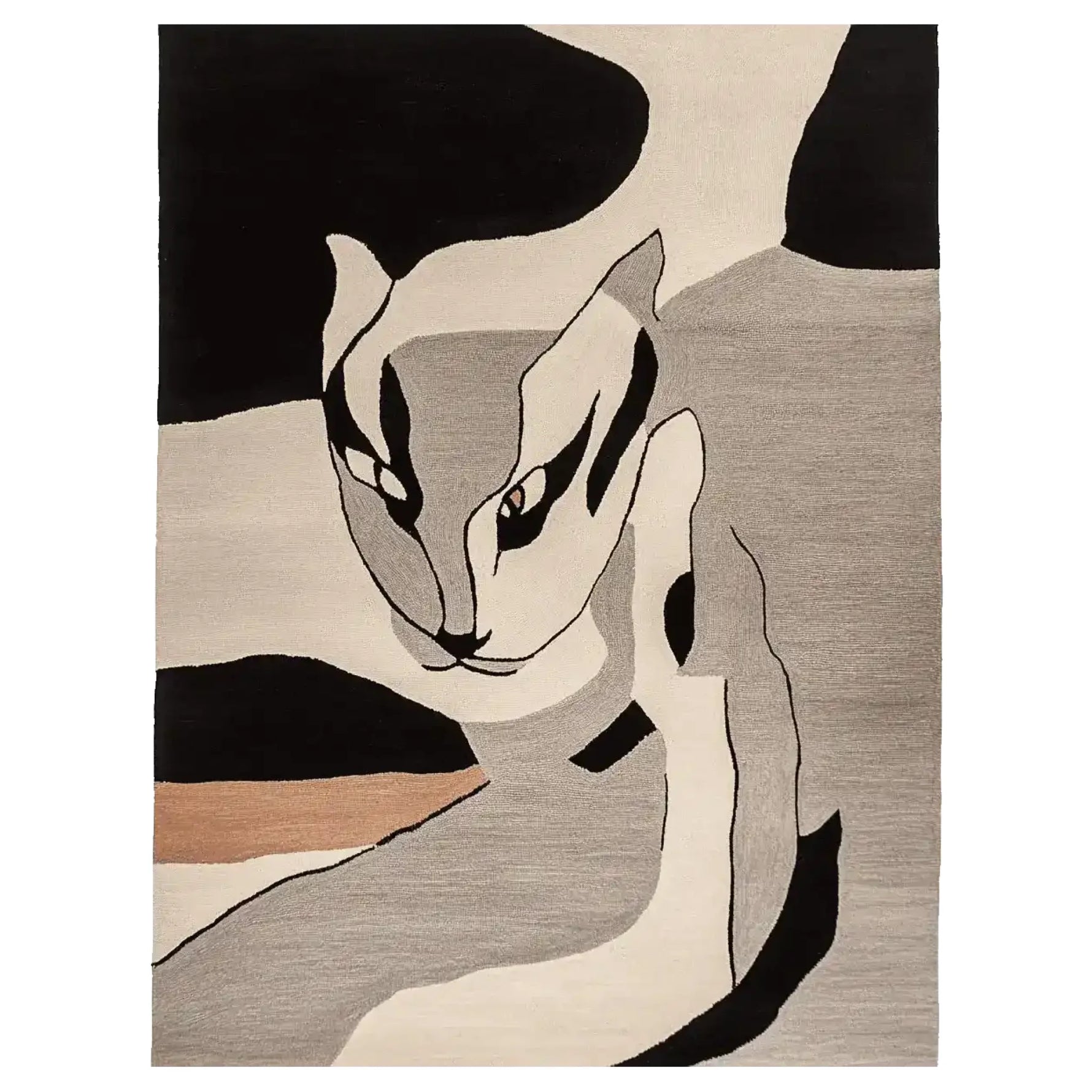 This image showcases a Shadow Cat Mirage Hand Tufted Area Rug, featuring an abstract design with a cat motif in shades of black, grey, and beige. Ideal for contemporary living room decor, this wool rug blends artistic flair with functionality, making it a standout piece among area rugs for living rooms.