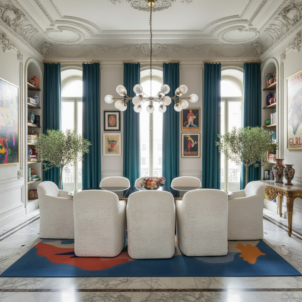Elegant dining room with white chairs, blue rug, and decorative elements.