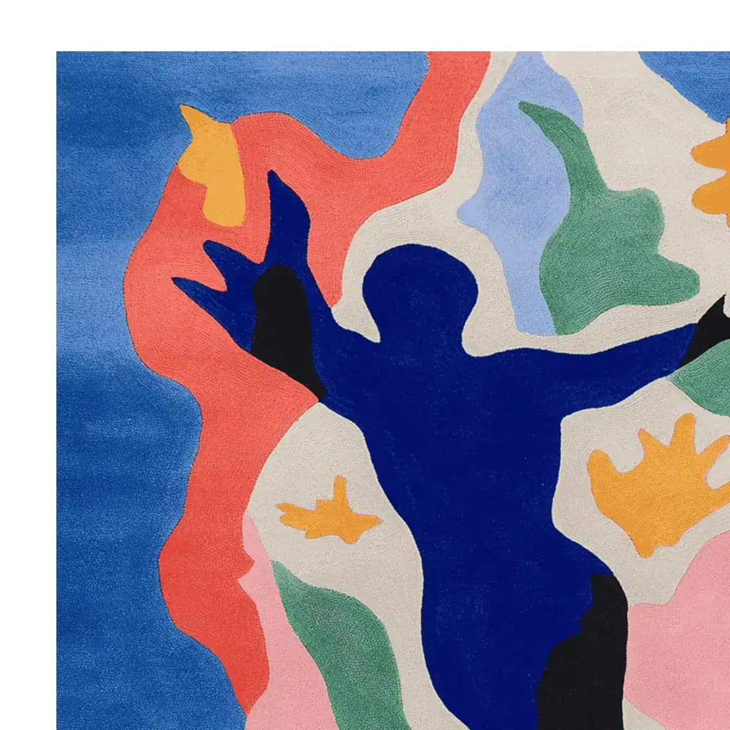 Vibrant and contemporary area rug featuring an abstract design with bold colors including blue, red, green, and orange. This hand-tufted wool square area rug adds a modern touch to any living room space.