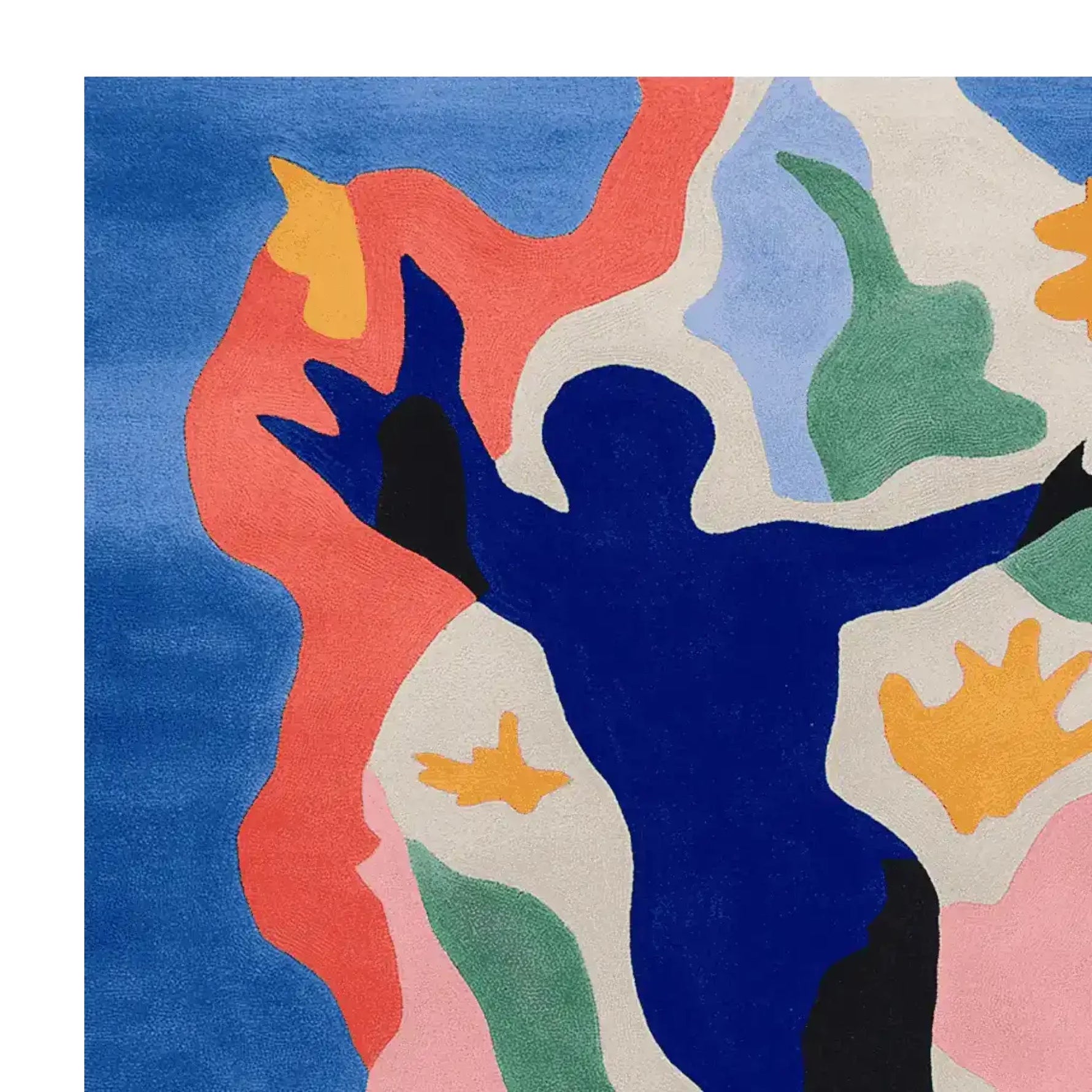 Vibrant and contemporary area rug featuring an abstract design with bold colors including blue, red, green, and orange. This hand-tufted wool square area rug adds a modern touch to any living room space.