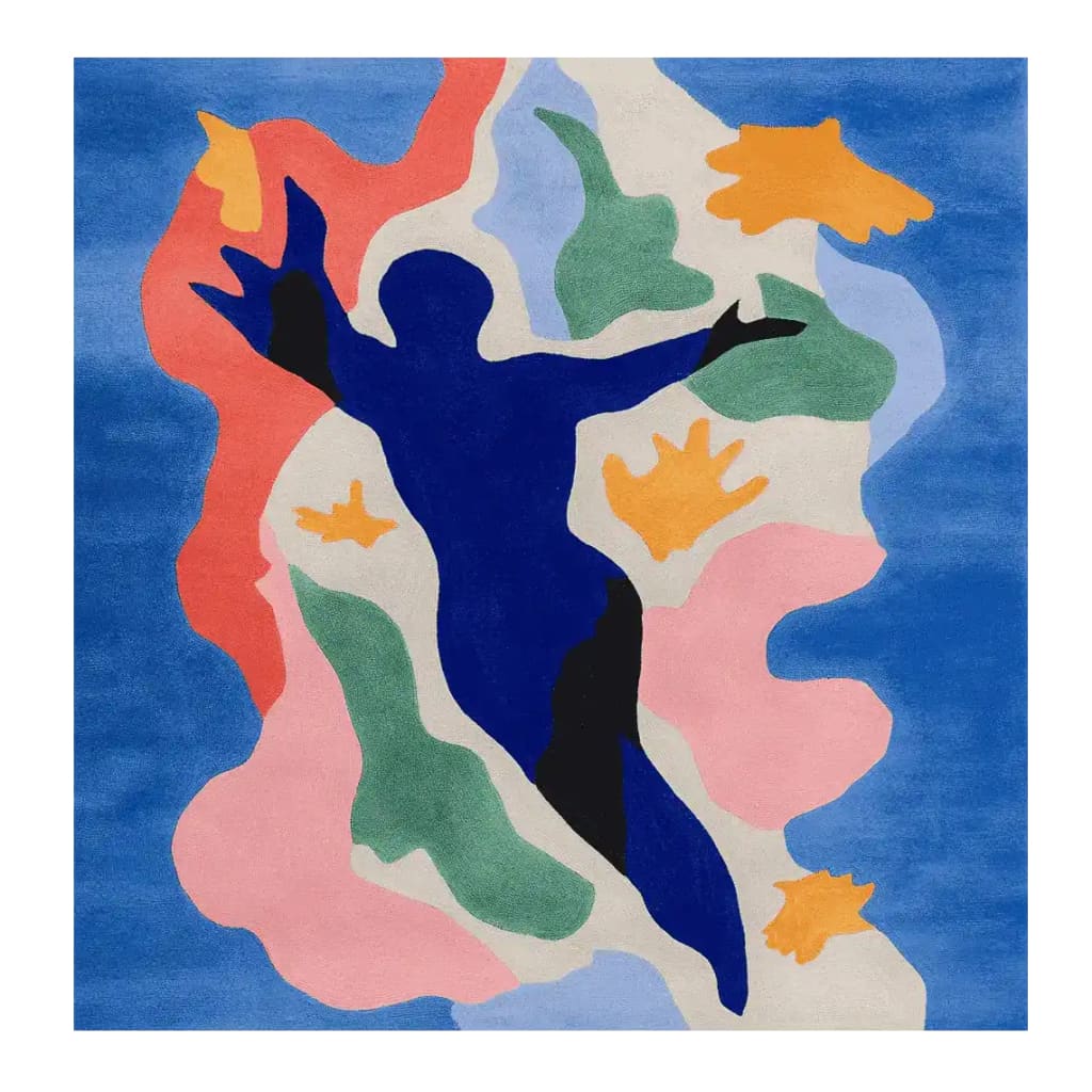 Vibrant Shadow Dance Rhythm Hand Tufted square area rug with a contemporary abstract design featuring bold colors like blue, red, green, and yellow, perfect for adding a modern touch to your living room. This wool rug showcases a dynamic silhouette pattern, ideal for those seeking artistic area rugs to enhance their home decor.