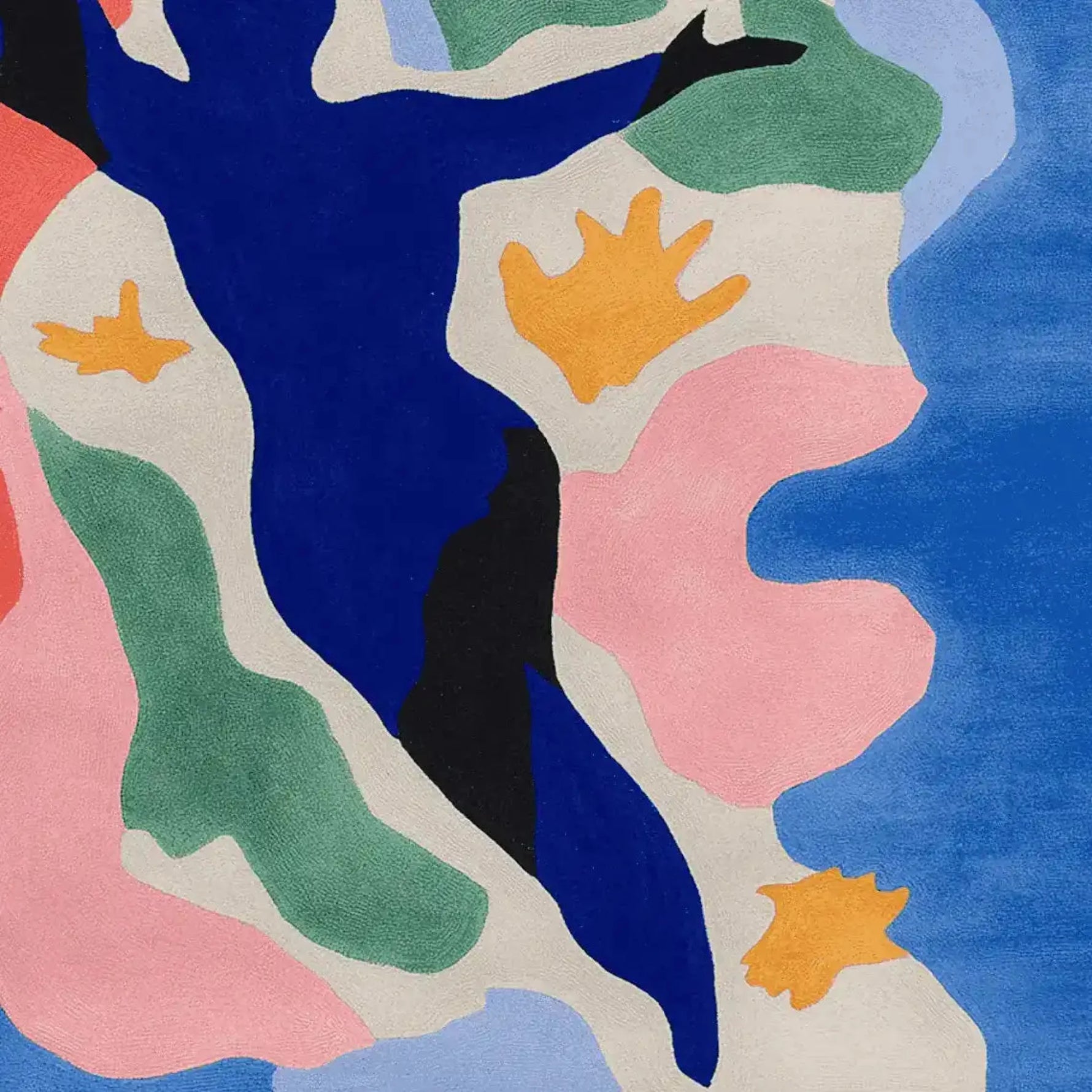 This vibrant area rug showcases an abstract design with bold, colorful shapes in blue, pink, green, and orange against a neutral background. Perfect as a square area rug or contemporary rug for adding a touch of artistic flair to any living room. Made from high-quality wool, this hand-tufted piece combines durability with modern style.