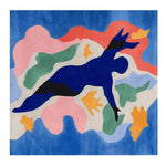 A vibrant, contemporary wool area rug featuring an abstract design with bold colors including blue, pink, green, and orange. This square area rug is perfect for adding a modern touch to any living room space.