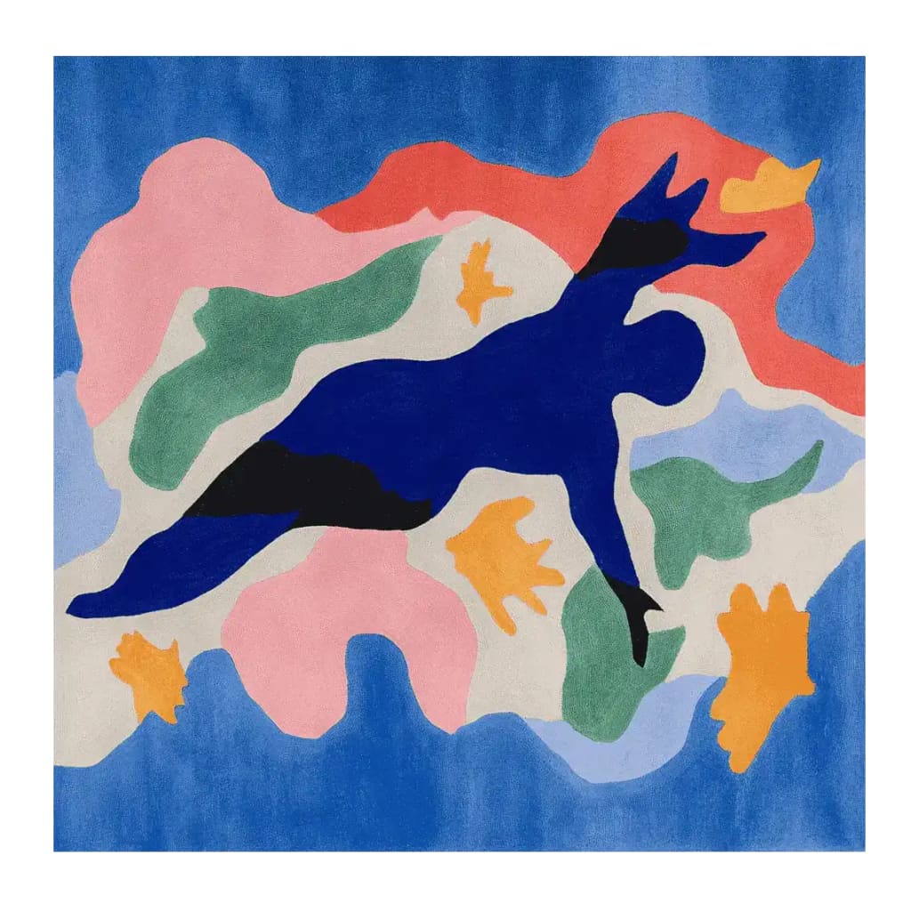 A vibrant, contemporary wool area rug featuring an abstract design with bold colors including blue, pink, green, and orange. This square area rug is perfect for adding a modern touch to any living room space.