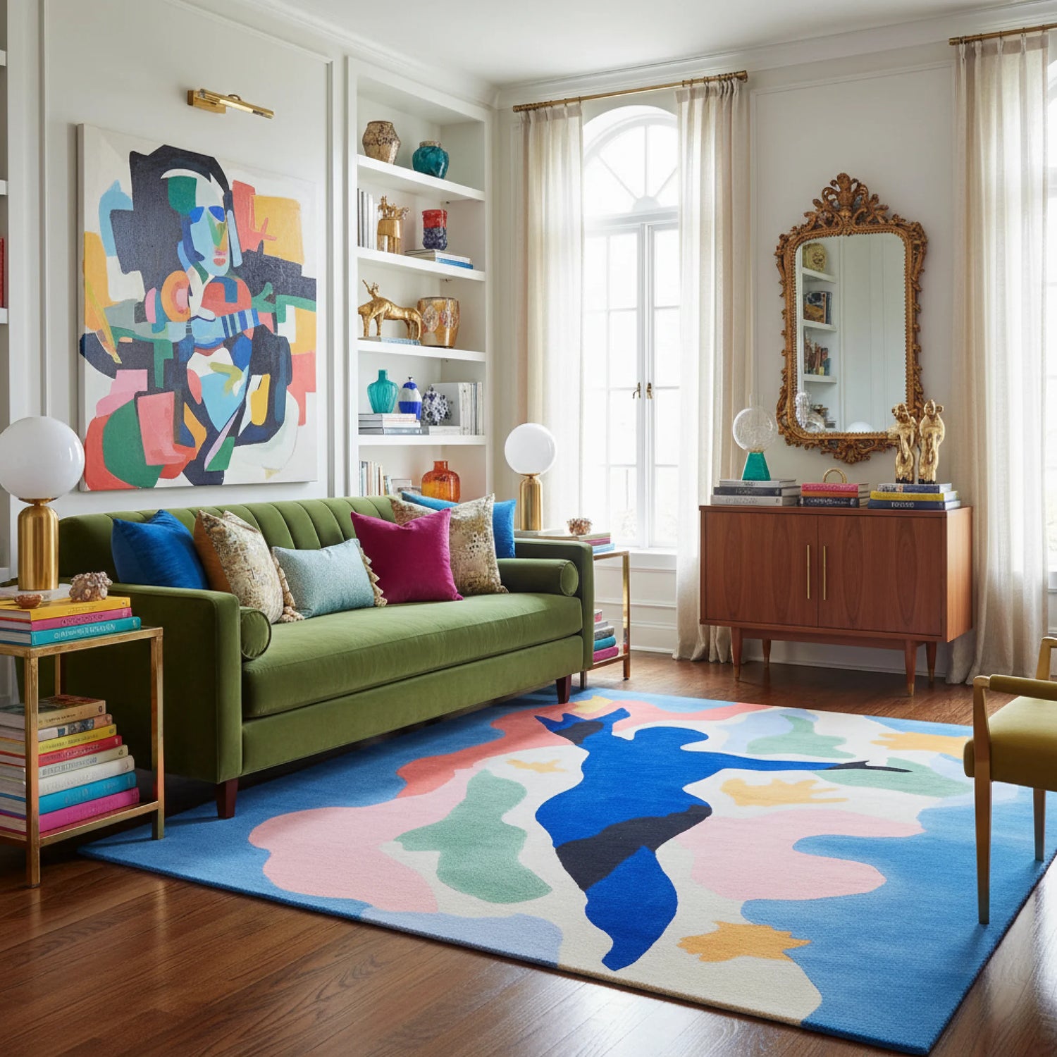 Living room with a green sofa, a contemporary wool colorful rug, and abstract art on the walls.