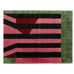 Top view of a contemporary area rug showcasing an abstract design with bold pink and black stripes, accented by a solid green border. Perfect wool rug for modern living room decor and adding a stylish touch to any space.