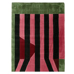 Stylish area rug featuring bold geometric patterns with green, pink, and black stripes. This contemporary wool rug is perfect for modern living rooms, adding a touch of elegance and warmth.