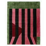 Stylish area rug featuring bold geometric patterns with green, pink, and black stripes. This contemporary wool rug is perfect for modern living rooms, adding a touch of elegance and warmth.