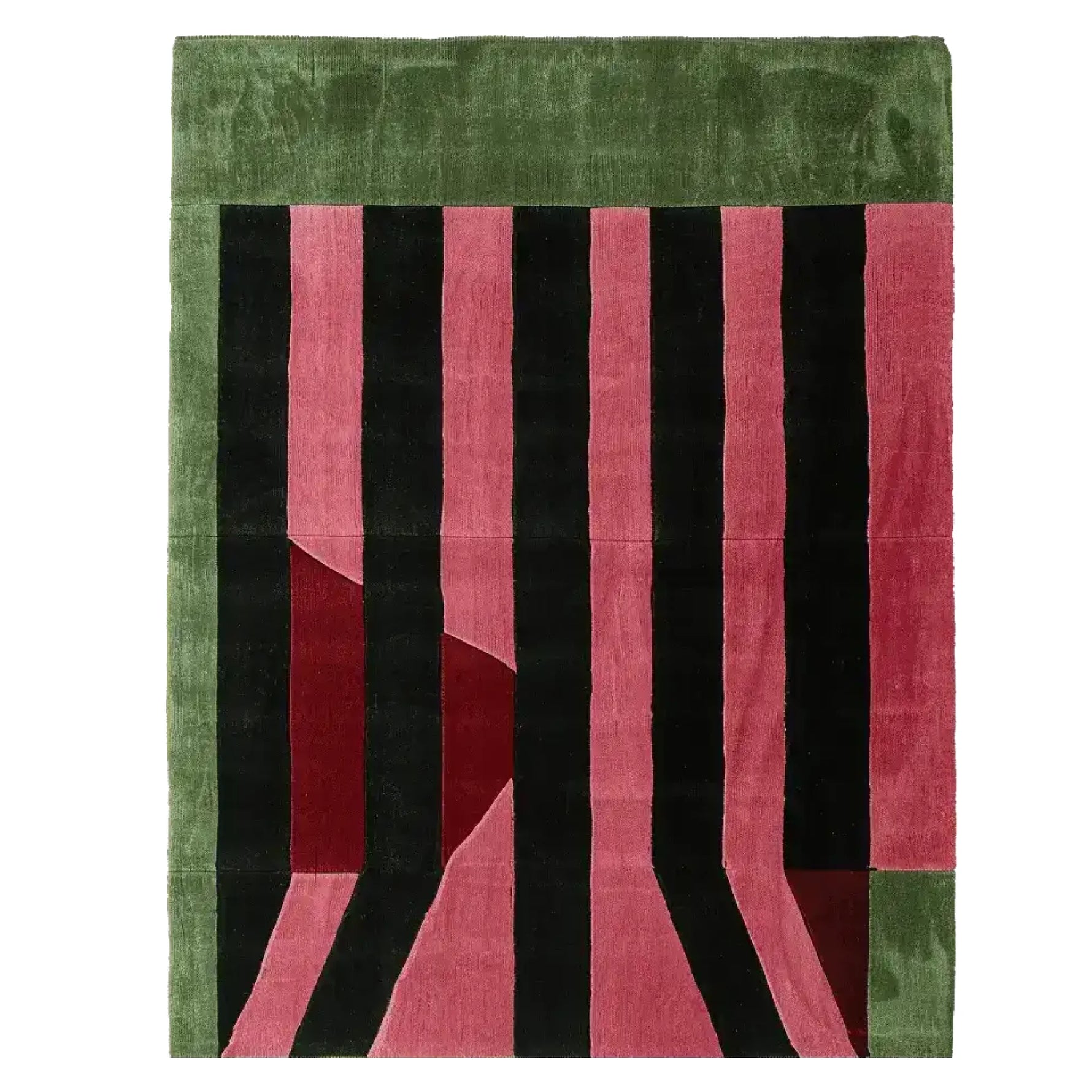 Stylish area rug featuring bold geometric patterns with green, pink, and black stripes. This contemporary wool rug is perfect for modern living rooms, adding a touch of elegance and warmth.