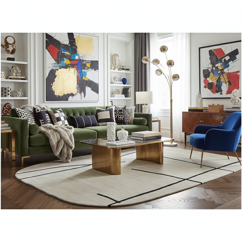 Modern living room with a green sofa, a white and black line rug, blue armchair, and abstract art on the walls.