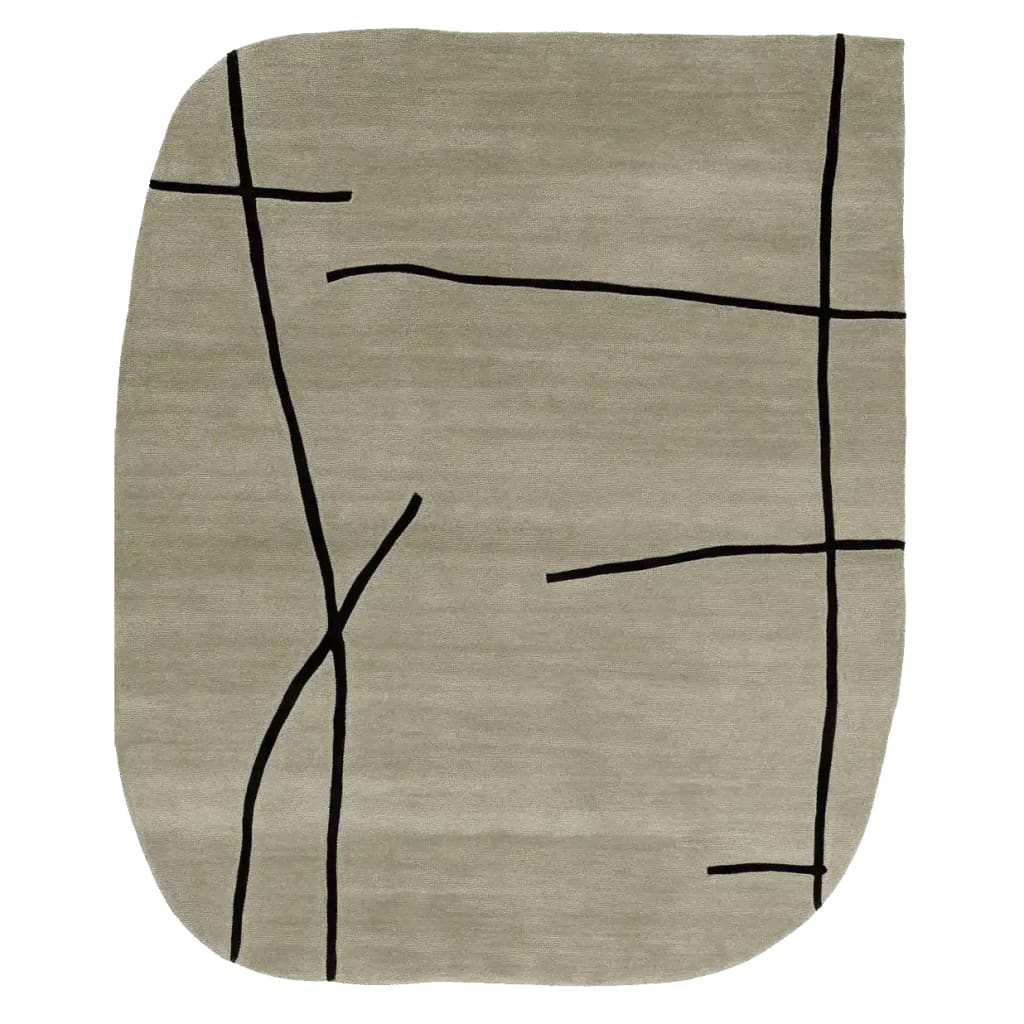 Contemporary area rug with abstract black lines on a soft beige wool surface, perfect for modern living rooms. This hand tufted rug blends style and comfort, making it an ideal wool rug for those seeking unique area rugs for living room spaces.