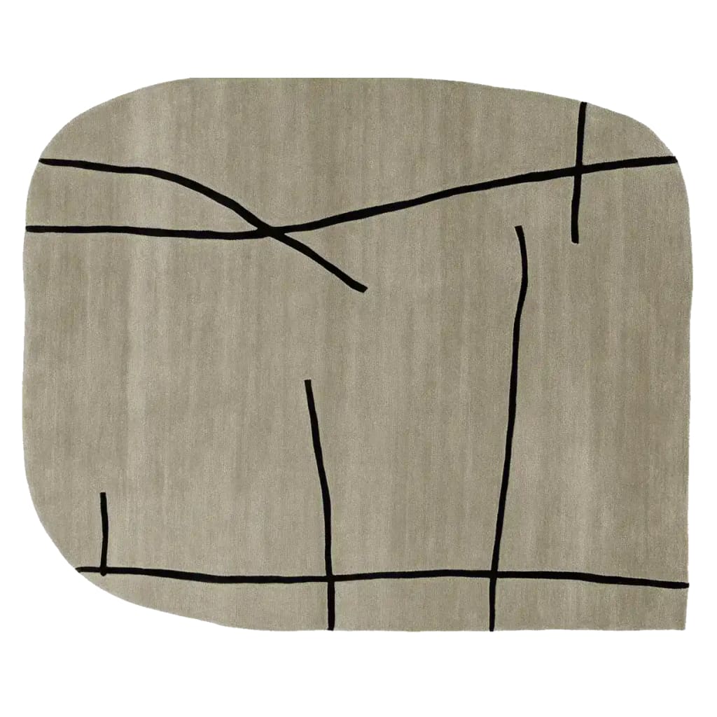 A contemporary area rug featuring an abstract design with bold black lines on a soft beige background, perfect for adding a modern touch to any living room. This wool rug is hand tufted, providing a luxurious feel underfoot and making it an ideal choice for area rugs in living room settings.