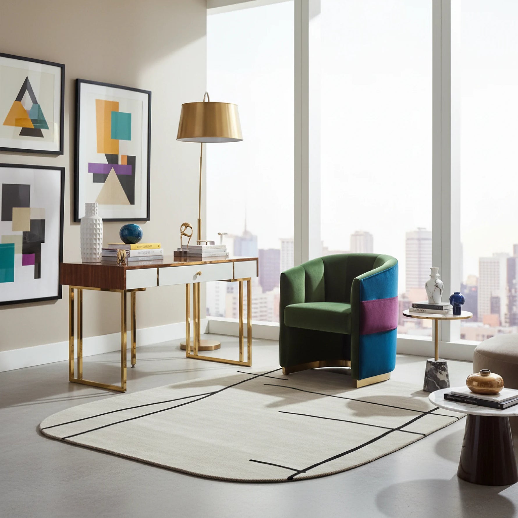 Modern living room with a colorful armchair, coffee table, and abstract art on the wall.