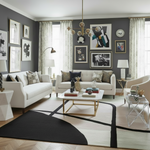 Modern living room with gray walls, white sofas, an abstract black wool rug, and decorative elements.