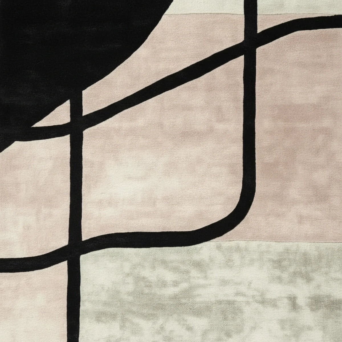 Abstract design with black lines on a textured rug with beige and brown background