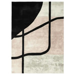 This image showcases a contemporary area rug with an abstract geometric design, hand-tufted from wool. The Shadow Thread Geometry Rug features bold black lines against a soft palette of cream, beige, and light gray, ideal for modern living room settings.