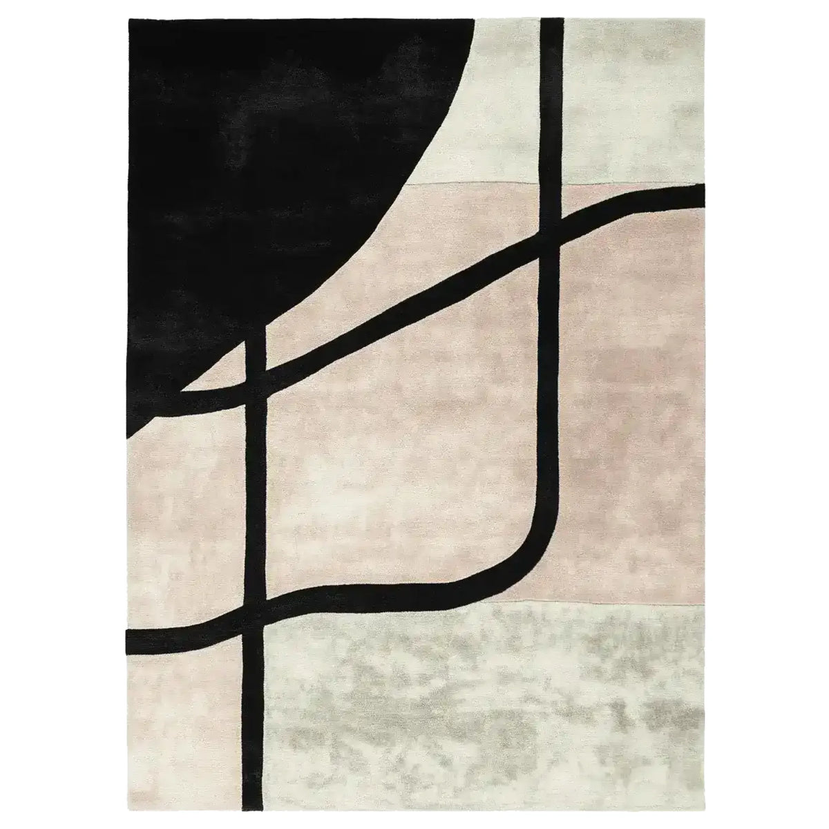 This image showcases a contemporary area rug with an abstract geometric design, hand-tufted from wool. The Shadow Thread Geometry Rug features bold black lines against a soft palette of cream, beige, and light gray, ideal for modern living room settings.