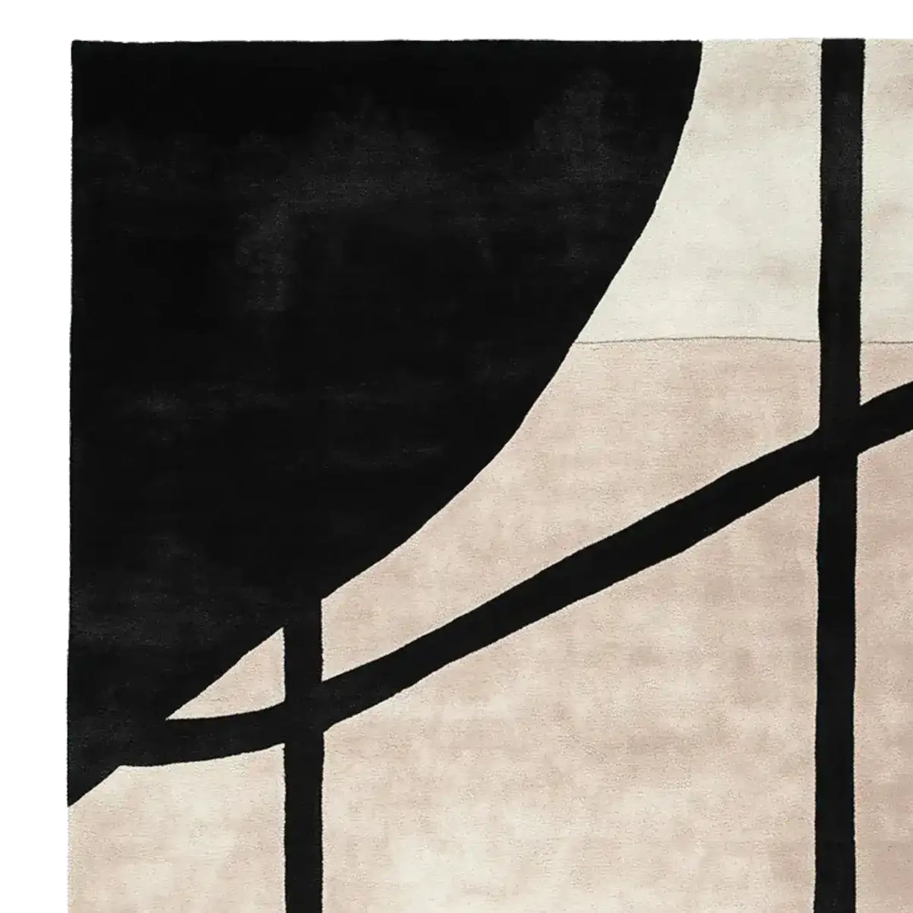 A close-up view of the Shadow Thread Geometry hand-tufted area rug, showcasing its contemporary design. The wool rug features bold black geometric patterns against a soft beige background, perfect for modern living room area rugs.