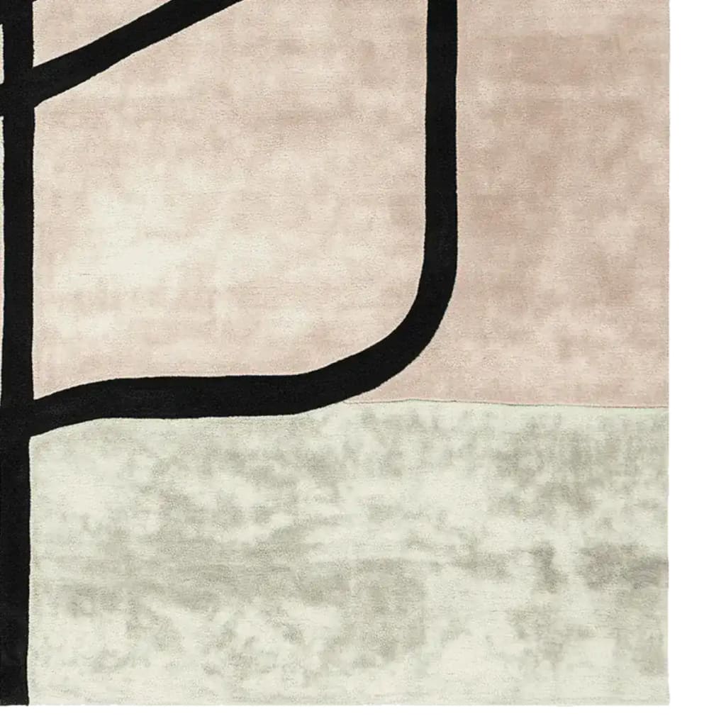 Close-up view of a Shadow Thread Geometry Hand Tufted Area Rug, showcasing its contemporary design with abstract black lines on a soft wool surface. Perfect for adding a modern touch to living room area rugs.