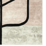 Close-up view of a Shadow Thread Geometry Hand Tufted Area Rug, showcasing its contemporary design with abstract black lines on a soft wool surface. Perfect for adding a modern touch to living room area rugs.