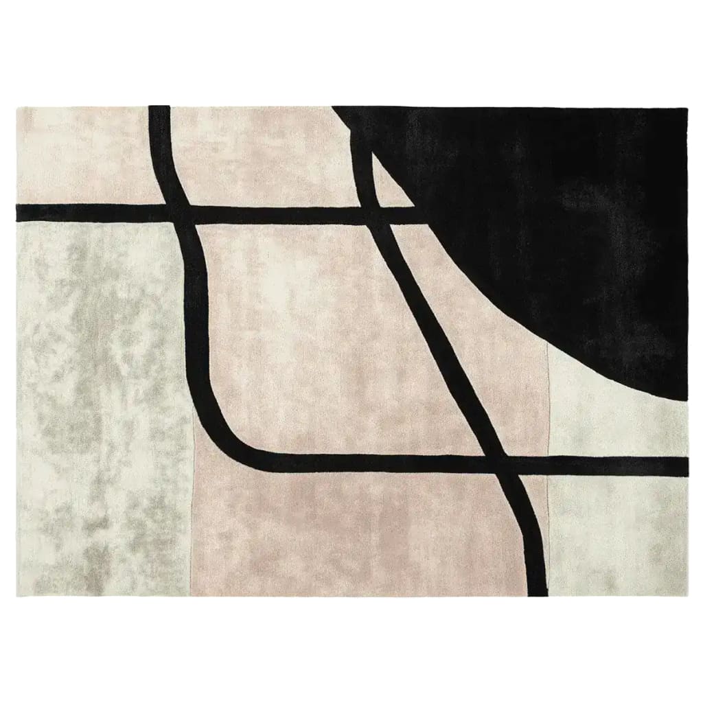 Contemporary area rug with an abstract design featuring bold black lines on a soft palette of beige and cream, ideal for enhancing modern living spaces. Hand-tufted from high-quality wool, this living room area rug combines style and comfort.