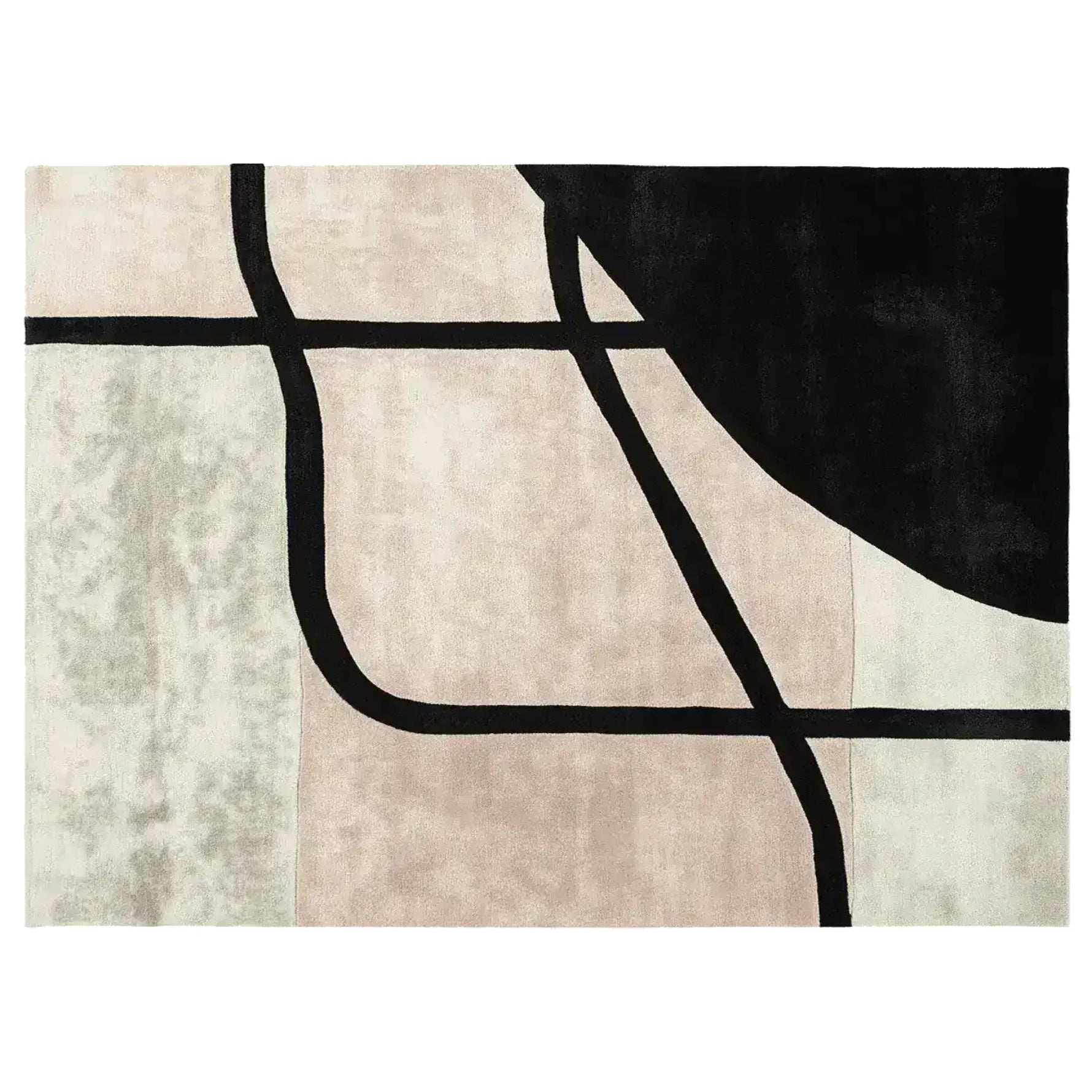 Contemporary area rug with an abstract design featuring bold black lines on a soft palette of beige and cream, ideal for enhancing modern living spaces. Hand-tufted from high-quality wool, this living room area rug combines style and comfort.