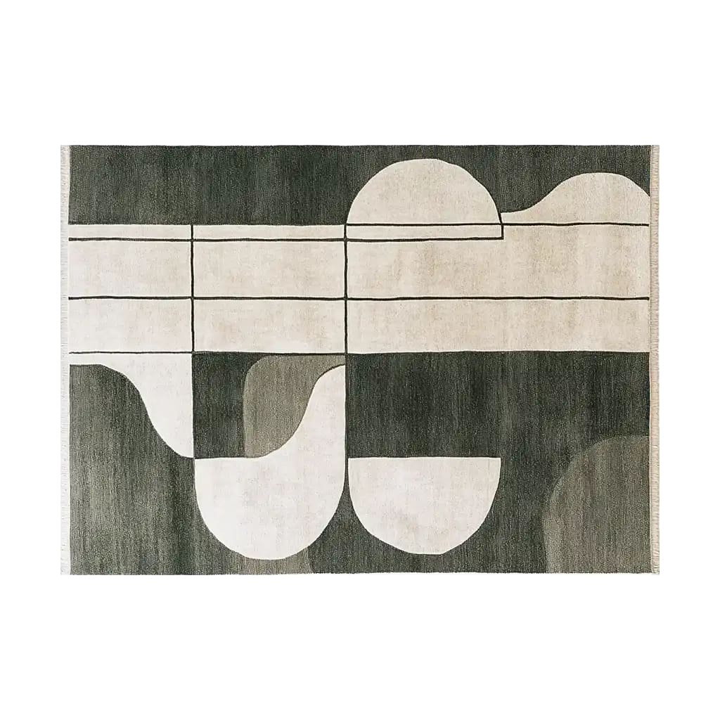 A stylish area rug named 'Shadowed Abyss Grace Knotted Wool Rug' showcasing a contemporary abstract design with bold geometric patterns in dark and light shades. This wool rug adds a modern touch, perfect for enhancing the aesthetics of living rooms.