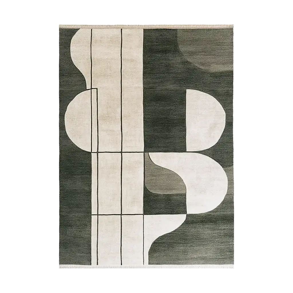 Top view of the Shadowed Abyss Grace Knotted Wool Rug, a contemporary area rug featuring an abstract design with bold geometric patterns in contrasting shades. Perfect for adding a modern touch to any living room.