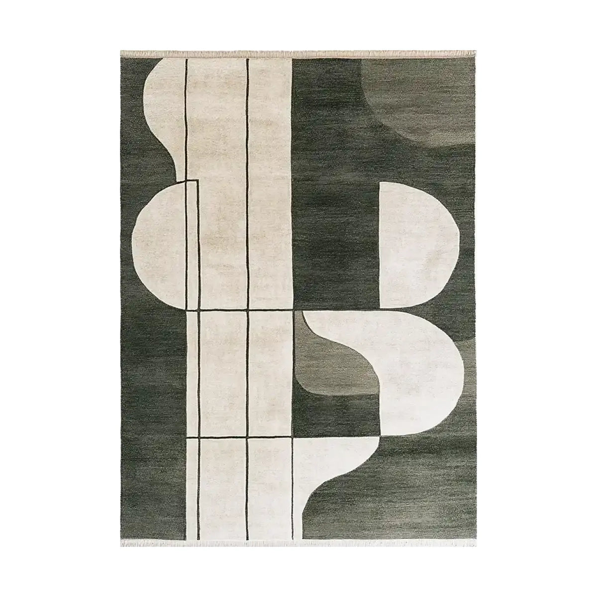 Top view of the Shadowed Abyss Grace Knotted Wool Rug, a contemporary area rug featuring an abstract design with bold geometric patterns in contrasting shades. Perfect for adding a modern touch to any living room.