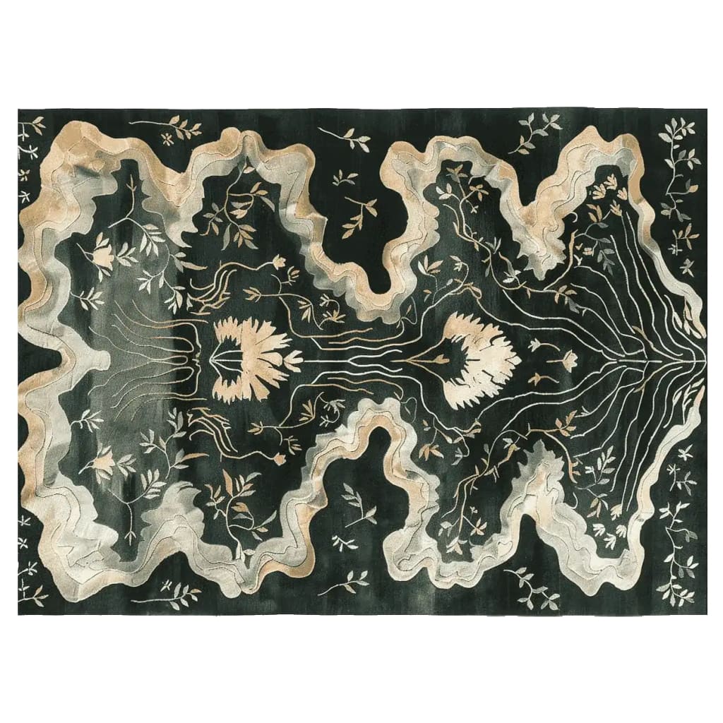 Top view of the Shadowed by Blossoms Hand Tufted Area Rug, featuring an elegant floral design in earthy tones. This wool rug adds a touch of sophistication to living room spaces, sized perfectly at 8x10. The intricate pattern showcases blossoms and winding stems against a dark background, making it an ideal choice for those seeking a stylish floral rug.
