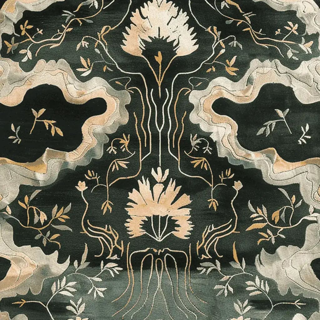 An elegant area rug featuring a hand-tufted floral design in subtle shades of beige and cream on a dark green background. This wool rug, perfect as a living room rug in an 8x10 size, showcases intricate botanical patterns that evoke a sense of nature's beauty.