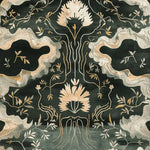 An elegant area rug featuring a hand-tufted floral design in subtle shades of beige and cream on a dark green background. This wool rug, perfect as a living room rug in an 8x10 size, showcases intricate botanical patterns that evoke a sense of nature's beauty.