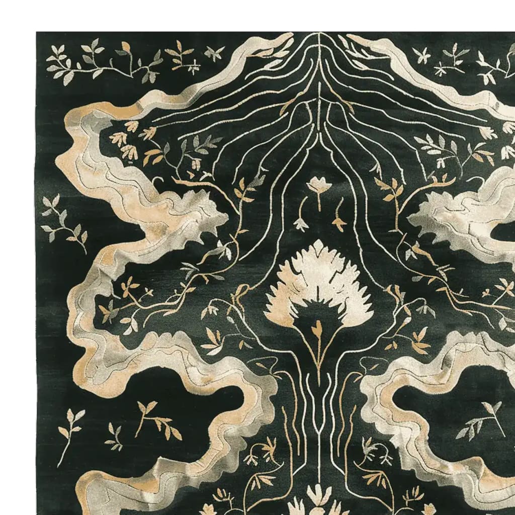 Elegant area rug featuring a hand-tufted design with intricate floral patterns in soft cream and beige tones on a rich dark background. This wool rug is ideal for adding a touch of sophistication to living rooms, especially in an 8x10 size.