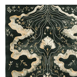 Elegant area rug featuring a hand-tufted design with intricate floral patterns in soft cream and beige tones on a rich dark background. This wool rug is ideal for adding a touch of sophistication to living rooms, especially in an 8x10 size.